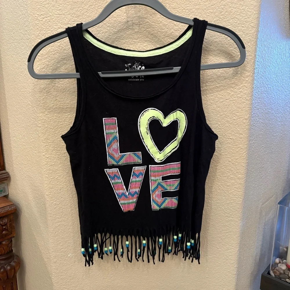 JUSTICE Girls Teens Black LOVE Fringe Beaded Tank Top Size 14